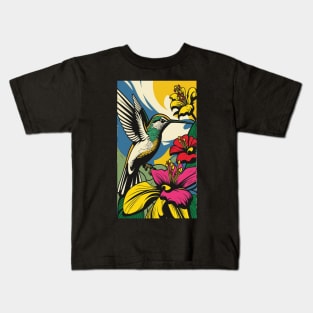 Hummingbird Vibrant Tropical Flower Tall Retro Vintage Digital Pop Art Portrait 3 Kids T-Shirt